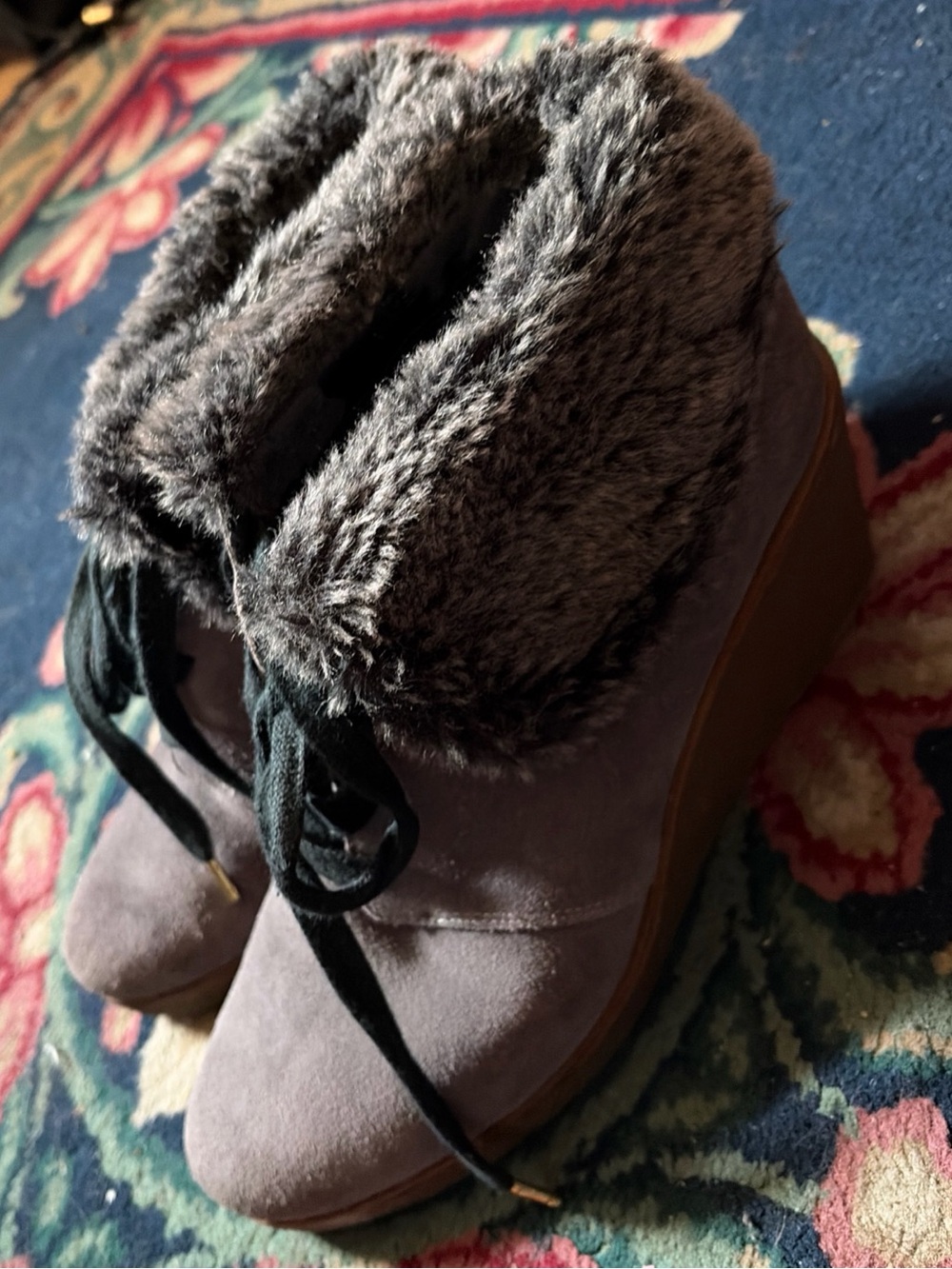 Cole Haan Gray Faux Fur Wedge Ankle Booties Size 9 (Pre-Owned)